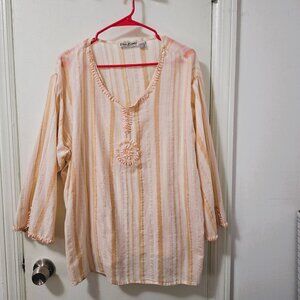 Erica Brooke Coral Beaded Medallion Striped Long Sleeve Top Size 26
